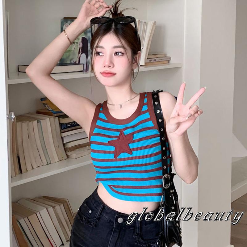 Áo Tank Top Không Tay Cổ Tròn Họa Tiết Kẻ Sọc Ngôi Sao Thời Trang Mùa Hè Cho Nữ