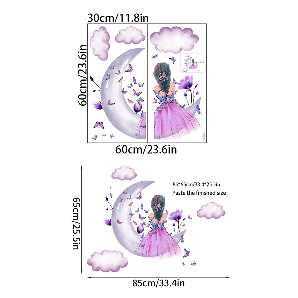 Set 2 Miếng Dán Tường Trang Trí Hình Cô Gái Và Bướm / Đám Mây / Mặt Trăng Tự Dính Tháo Rời Được