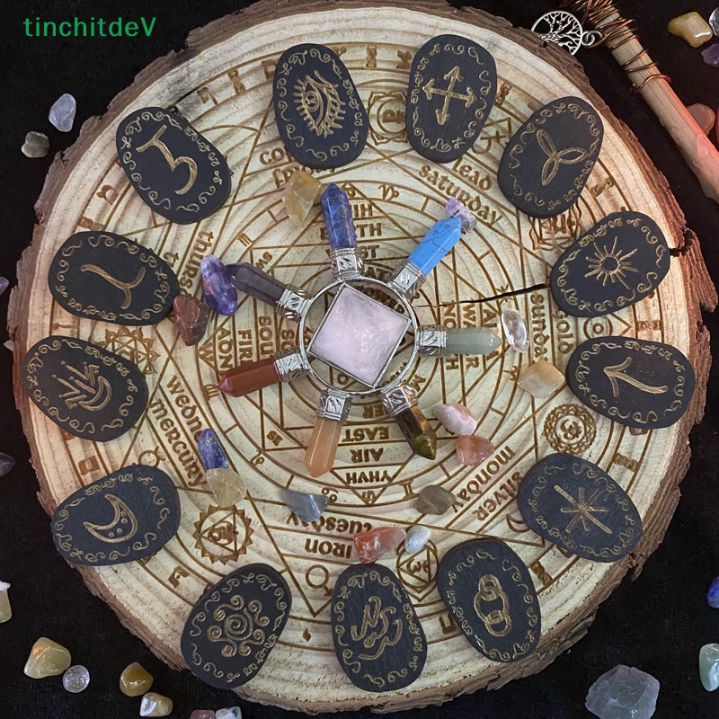 Set 14 Viên Đá Gỗ Chạm Khắc Biểu Tượng Phù Thủy Dùng Trang Trí