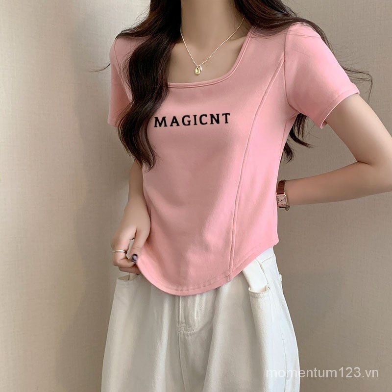 Áo Thun Cotton Mỏng Cổ Vuông Viền Cong Tay Ngắn Thời Trang Mùa Hè 2023 Cho Nữ