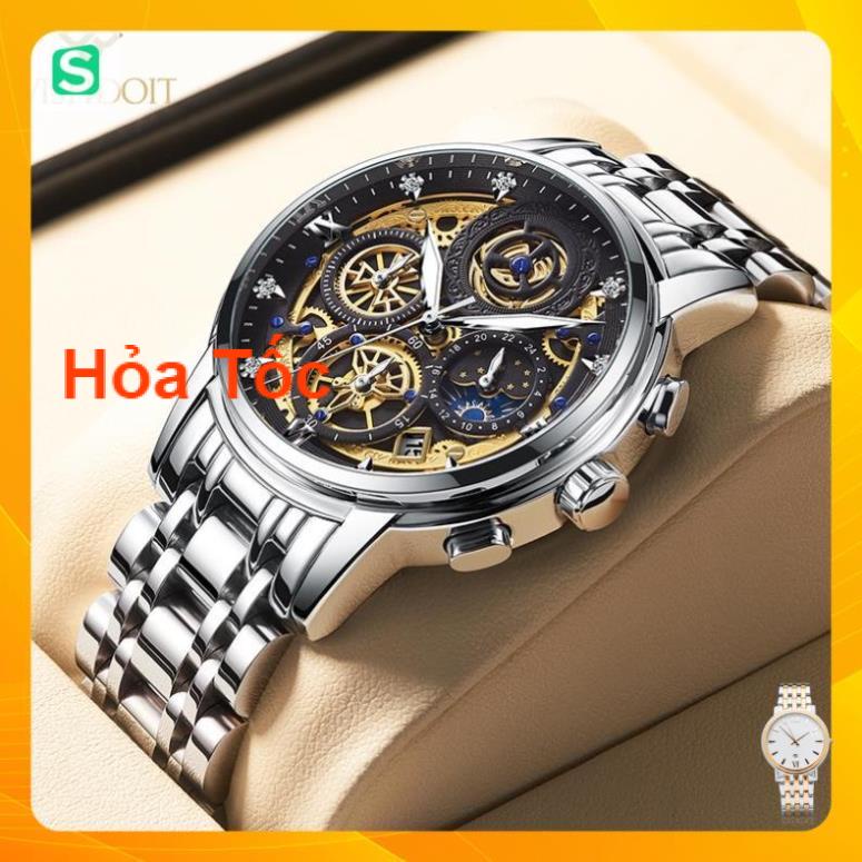 WISHDOIT Đồng Hồ Quartz Ba Mắt Đa Năng Dây Thép Không Gỉ Thời Trang Thể Thao Cho Nam