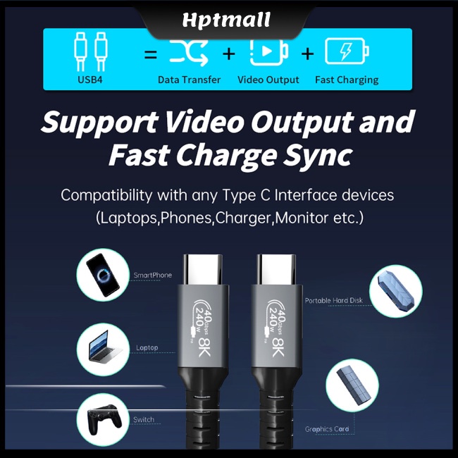 Dây Cáp Sạc Nhanh Hai Đầu Usb 4.0 Tương Thích Với Thunderbolt 4 Type C 8k 40gbps Pd 240w