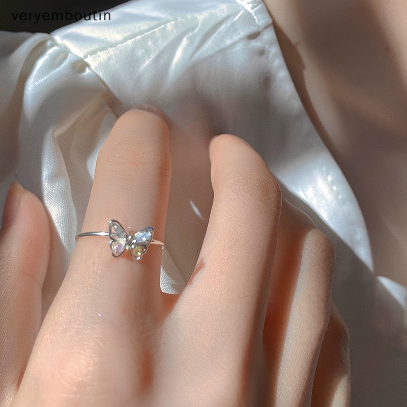 Nhẫn Cưới Màu Bạc Đính Đá Zircon Hình Bướm Dễ Thương Tối Giản Có Thể Điều Chỉnh Cho Nữ