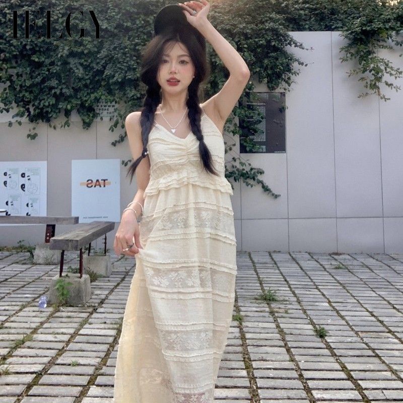 IELGY Đầm Hai Dây Dáng Dài Rộng Phong Cách Bohemian Thời Trang Cho Nữ