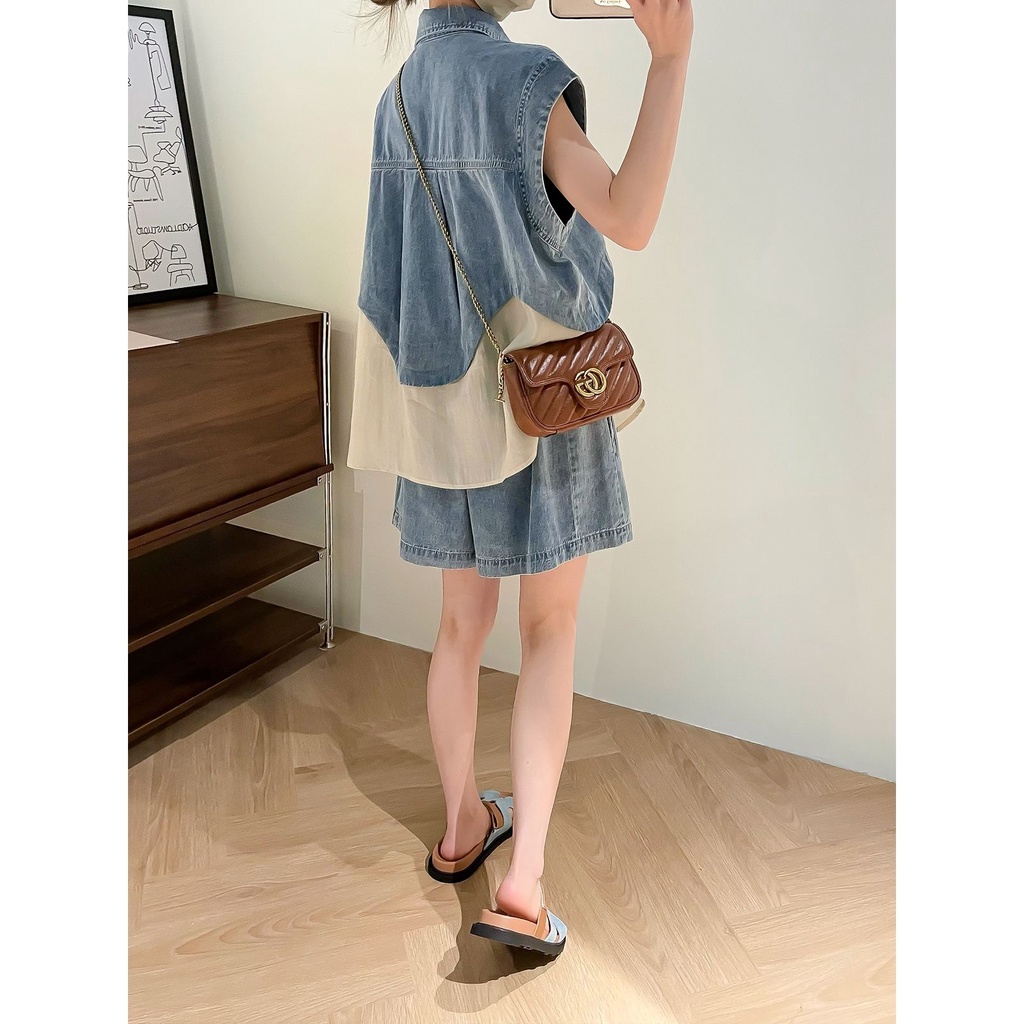 Bộ Áo Denim Không Tay + Quần Short Denim Phong Cách Hàn Quốc Thời Trang Mùa Hè 20023 Mới