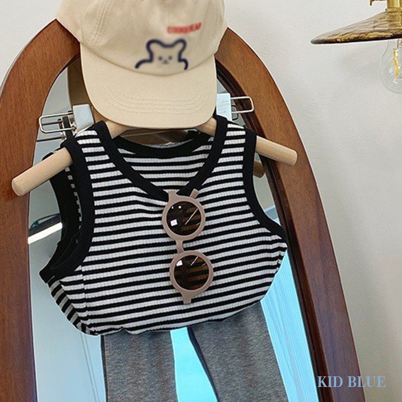 Áo Sát Nách Cổ Tròn Hoạ Tiết Kẻ Sọc Trắng Đen Phong Cách Hàn Quốc