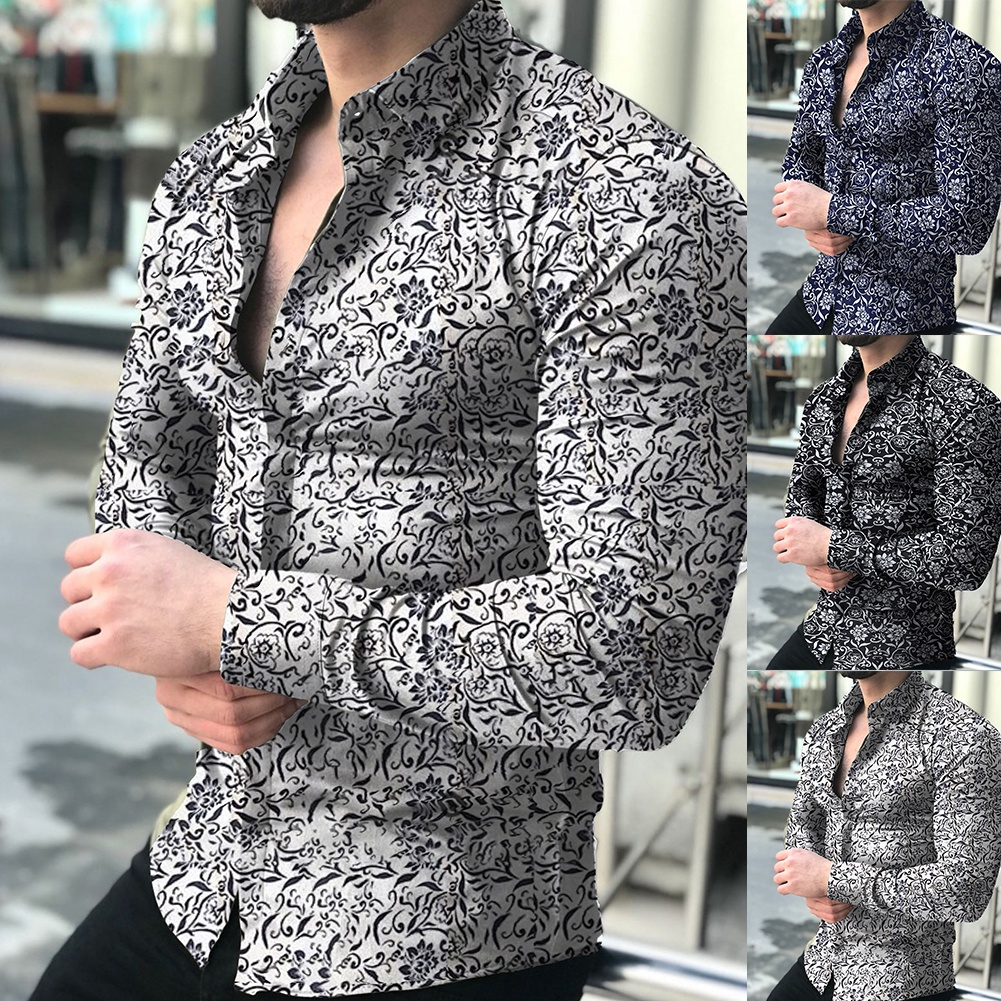 Áo Sơ Mi Tay Dài Cổ Bẻ Dáng Ôm In Họa Tiết Hoa Thời Trang Cho Nam
