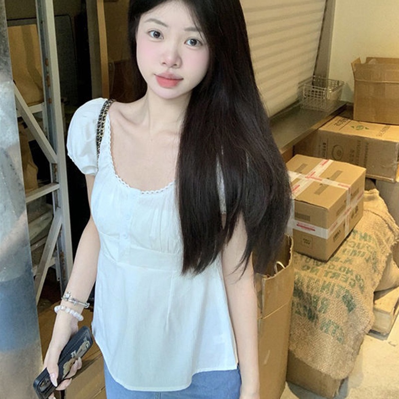 Áo Kiểu Tay Phồng Ngắn Eo Ôm Thời Trang Thanh Lịch Dành Cho Nữ