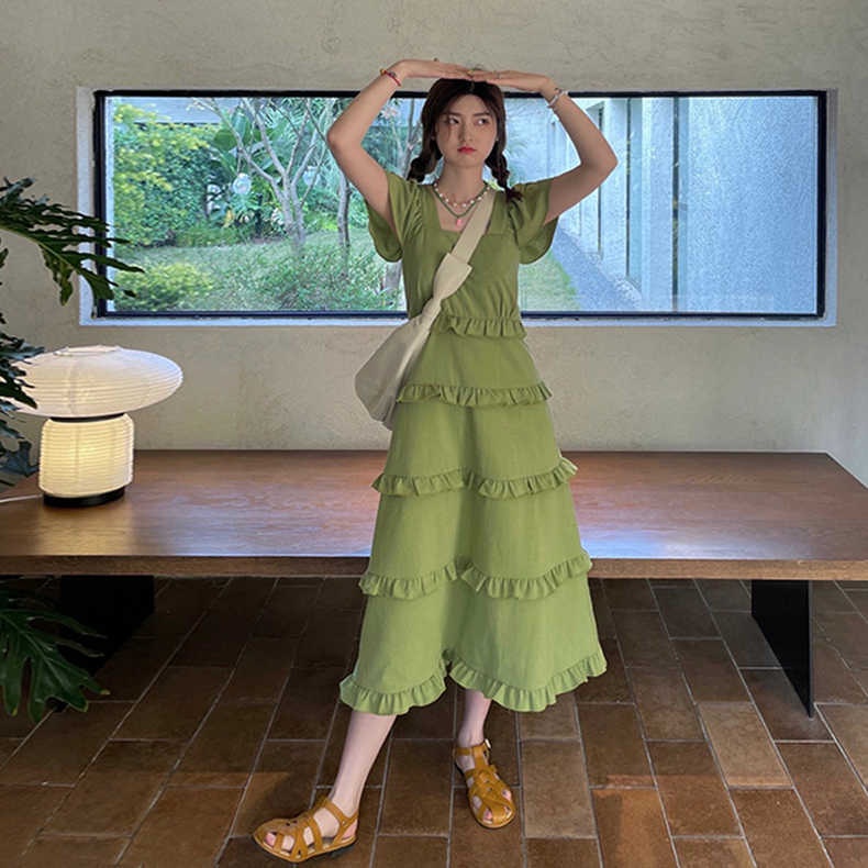 Đầm Màu Xanh Lá Nhiều Lớp Nghệ Thuật Mùa Hè Hàn Quốc Mới 2023