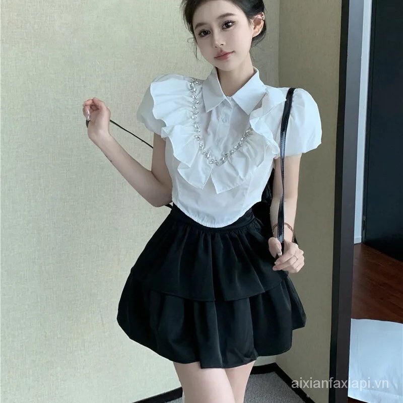 Set Áo Sơ Mi Cổ Bẻ Nhún Bèo Đính Đá Phối Chân Váy Ngắn Xếp Ly Thời Trang Ngọt Ngào L5WN