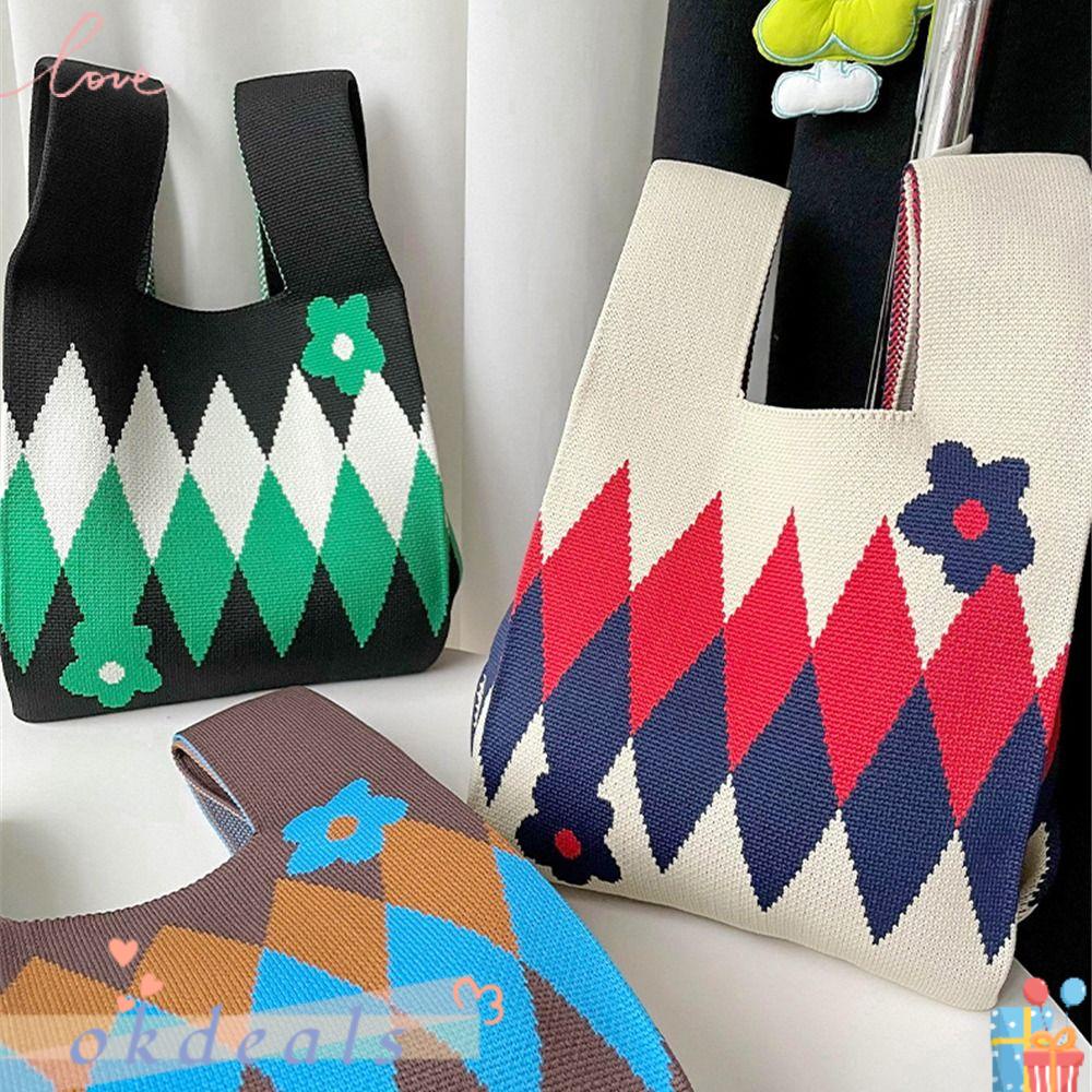 OKDEALS Túi Xách Đan Len Họa Tiết Hoa Xinh Xắn Thời Trang
