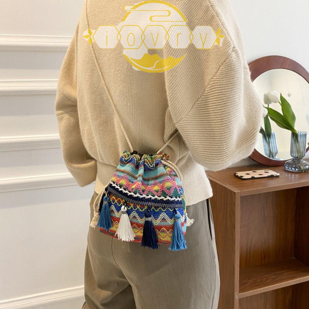 IVORY Túi Xách Dây Rút Phối Tua Rua Thêu Họa Tiết Phong Cách Bohemian Thời Trang Cho Nữ