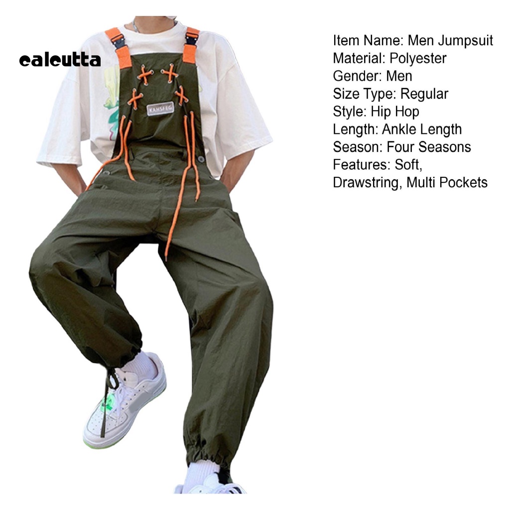 [Calicutta] Áo Liền Quần Không Tay Dáng Rộng Màu Trơn Có Túi Dây Rút Phong Cách Hip Hop Cổ Điển Cho Nam