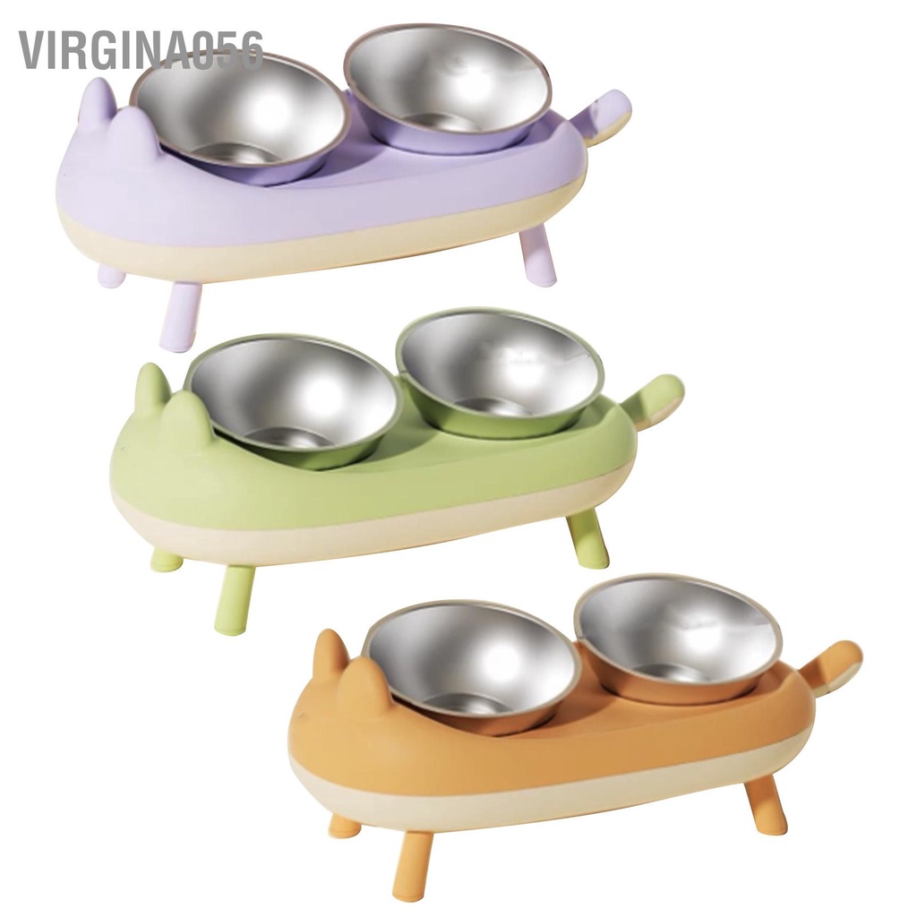 Virgina056 Bát ăn đôi cho thú cưng bằng thép không gỉ nâng cao chó mèo 15 độ nước đựng thức nghiêng