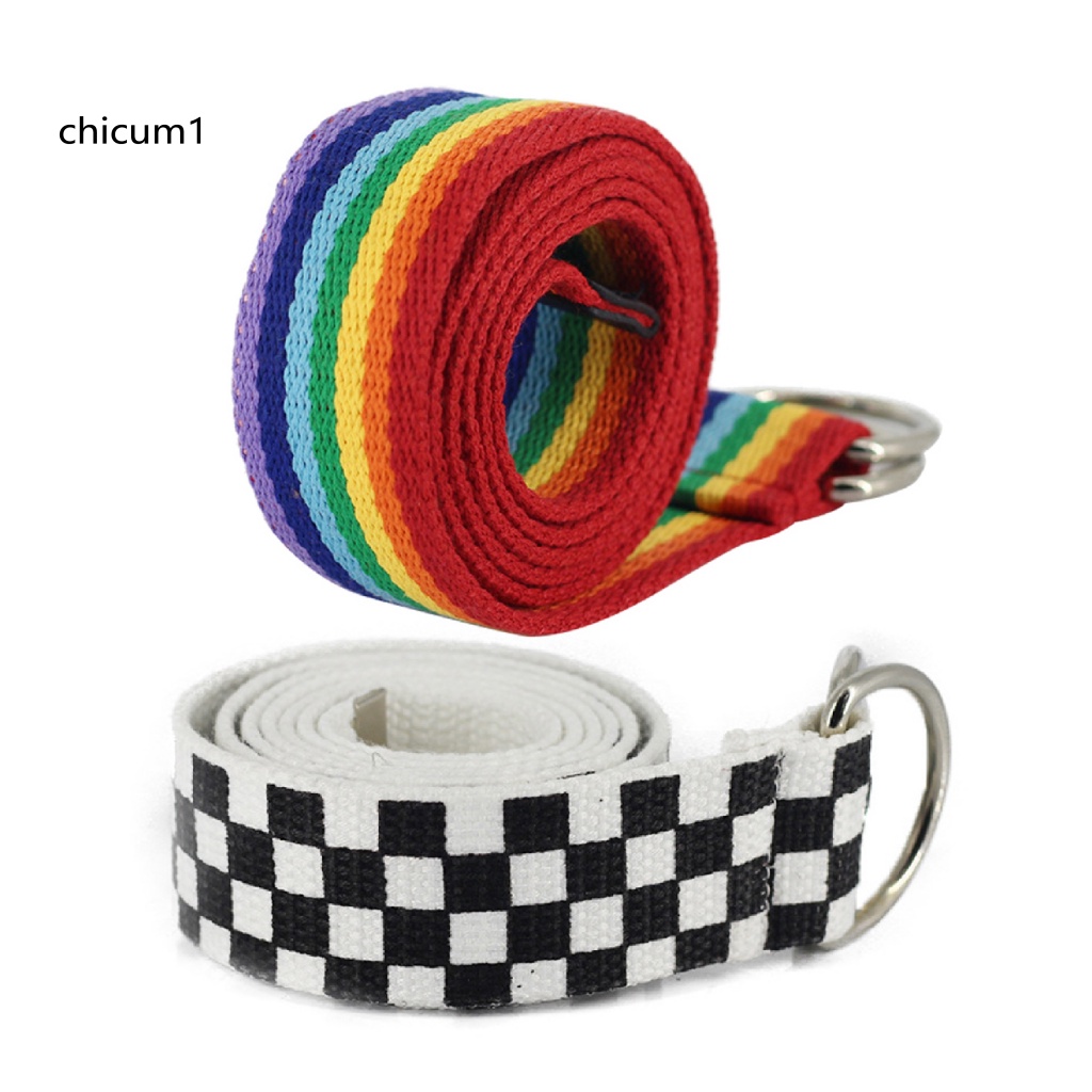 Thắt Lưng Vải Canvas Mềm Mại Sọc Ca Rô Màu Cầu Vồng Kèm Vòng Nhẫn Thời Trang
