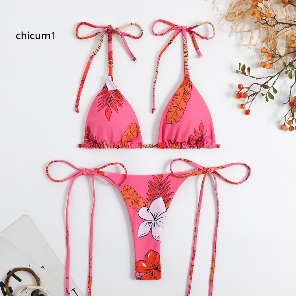 Bộ Bikini 2 Mảnh In Hoa Có Dây Cột Ba Mảnh Vải Mềm Nhanh Khô Dành Cho Bạn Nữ