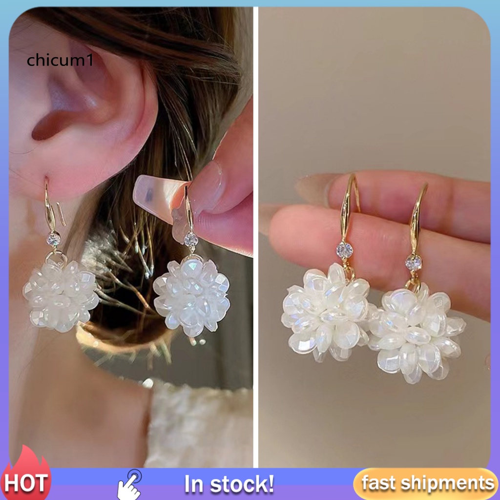 1 Đôi Bông Tai Dạng Móc Hình Bông Hoa Màu Trắng Trơn Phong Cách Pháp Thanh Lịch Thời Trang