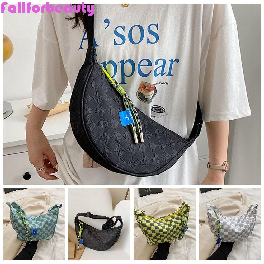 FALLFORBEAUTY Túi Đeo Chéo Bằng Nylon Mềm Nhẹ Họa Tiết Sọc Caro Hình Bán Nguyệt Và Mặt Trăng