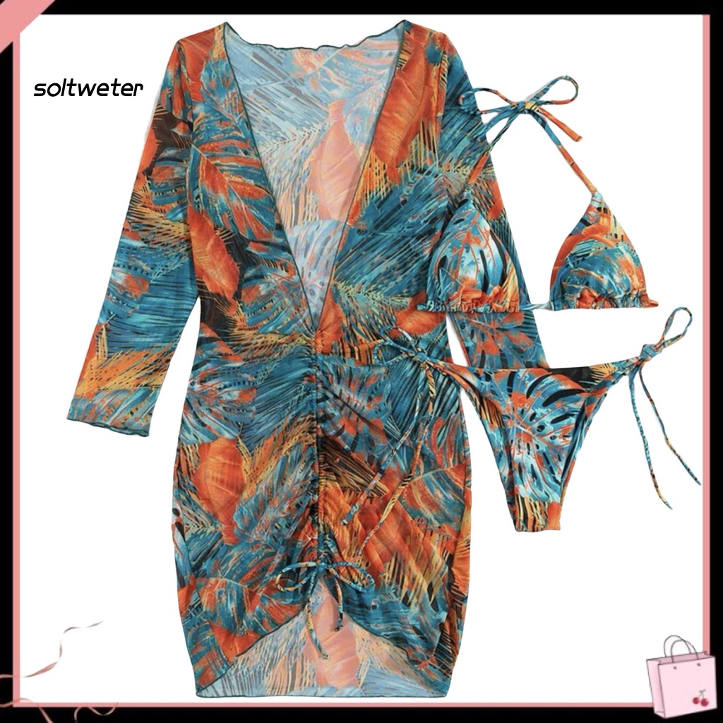Bộ Đồ Bơi Bikini 3 Mảnh Tay Dài Bằng Polyester In Họa Tiết Thời Trang Kèm Dây Đeo Cho Nữ