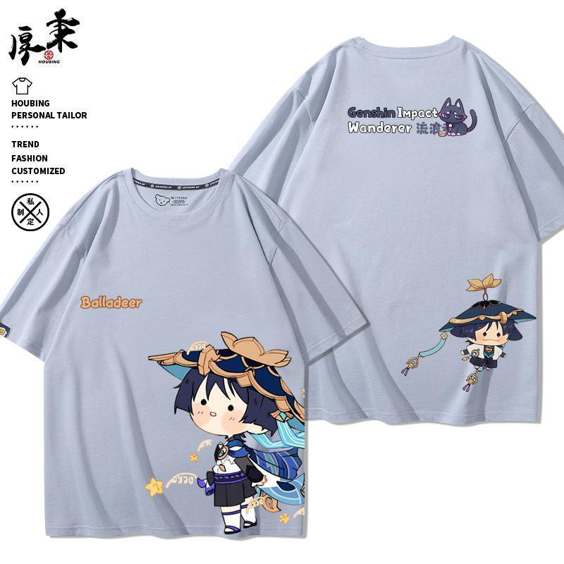 ★Genshin Impact★Áo Thun Cotton Nguyên Chất Tay Ngắn In Hình Game Merchandise Wanderer & Scaramouche Impression Cùng Phong Cách Mùa Hè cos