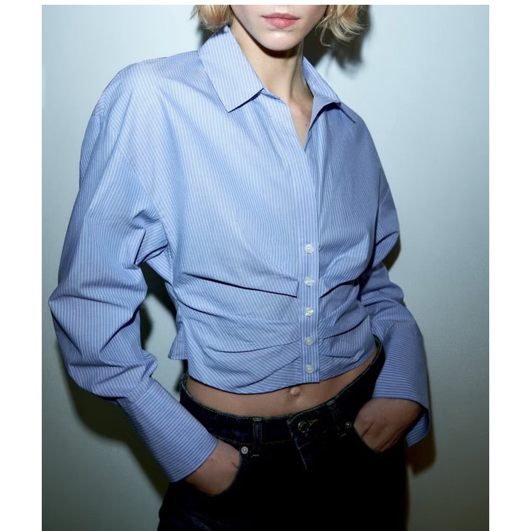 Áo Sơ Mi Zara Tay Dài Xếp Ly Họa Tiết Kẻ Sọc Xanh Dương Phong Cách Pháp Thời Trang Mùa Hè 237563062