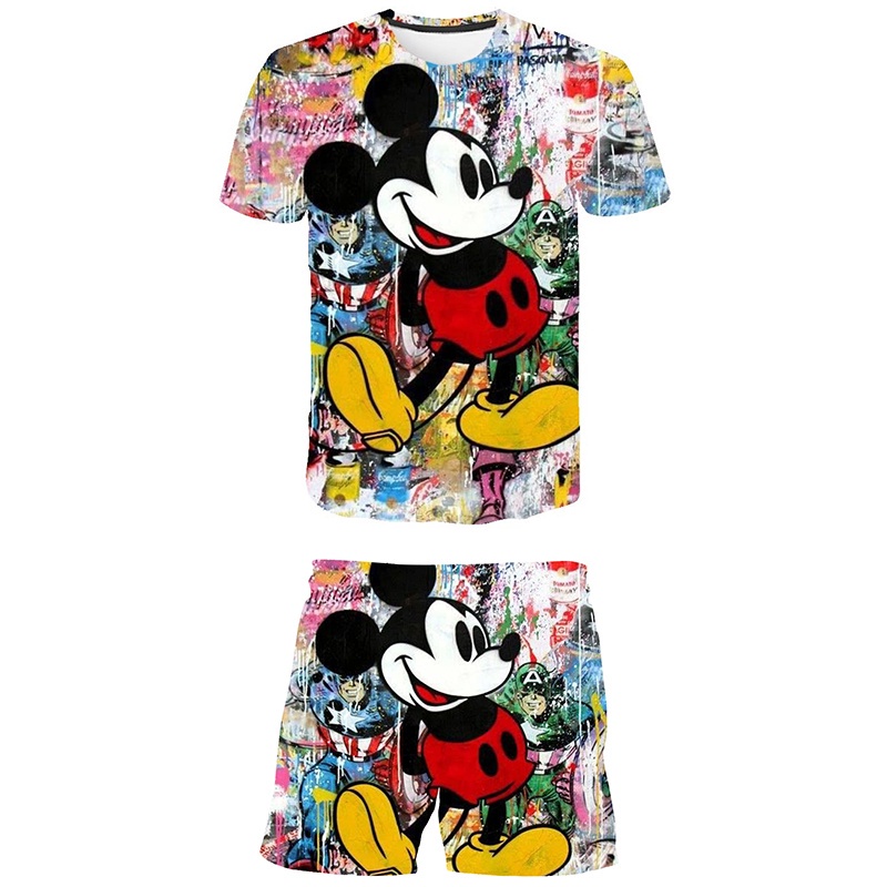 Set Đồ Mùa Hè Gồm Áo Thun In Hình Chuột Mickey + Quần Ngắn In Họa Tiết Hoạt Hình Dễ Thương Thời Trang Cho Bé Trai / Gái 1-14