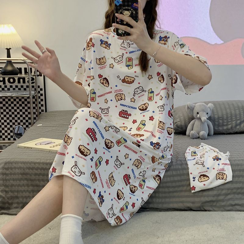 Đồ ngủ Dáng Dài Tay Ngắn In Họa Tiết Dễ Thương Thời Trang Cho Nữ