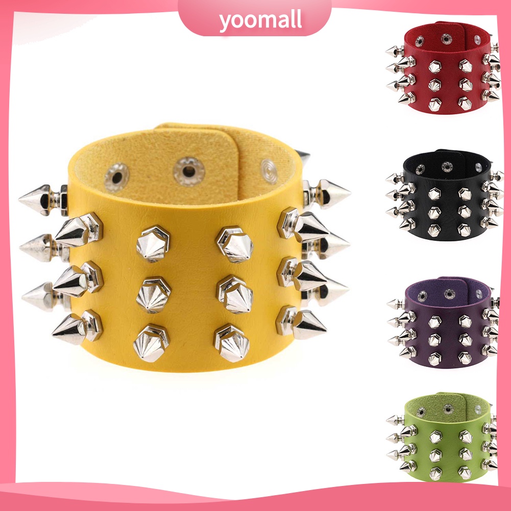 [YM] Vòng Tay Giả Da Đính Đinh Tán Mũi Nhọn Ba Đường Kẻ Bằng Thép Không Gỉ Punk
