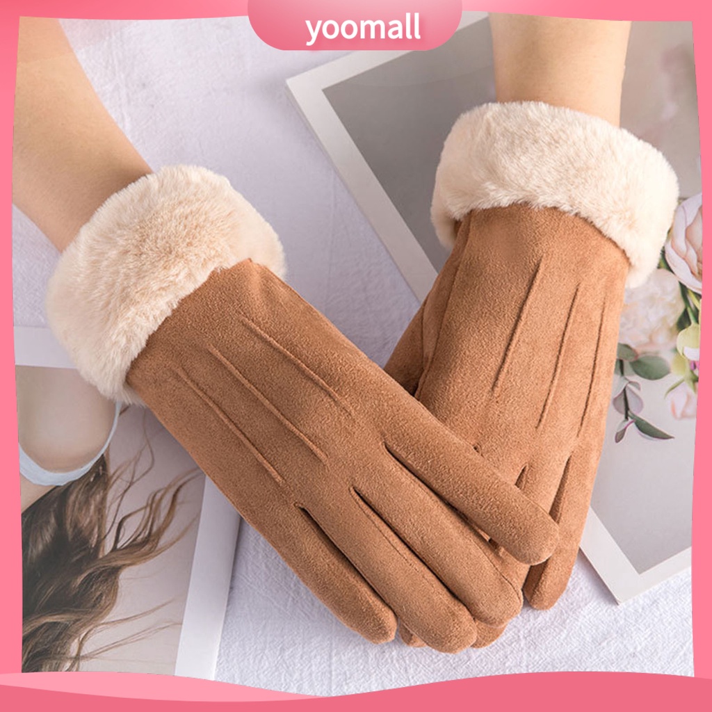 1 Đôi Găng Tay Da Lộn Lót Lông Dày Dặn Giữ Ấm Chống Rách Có Thể Chạm Màn Hình Cảm Ứng Cho Nữ