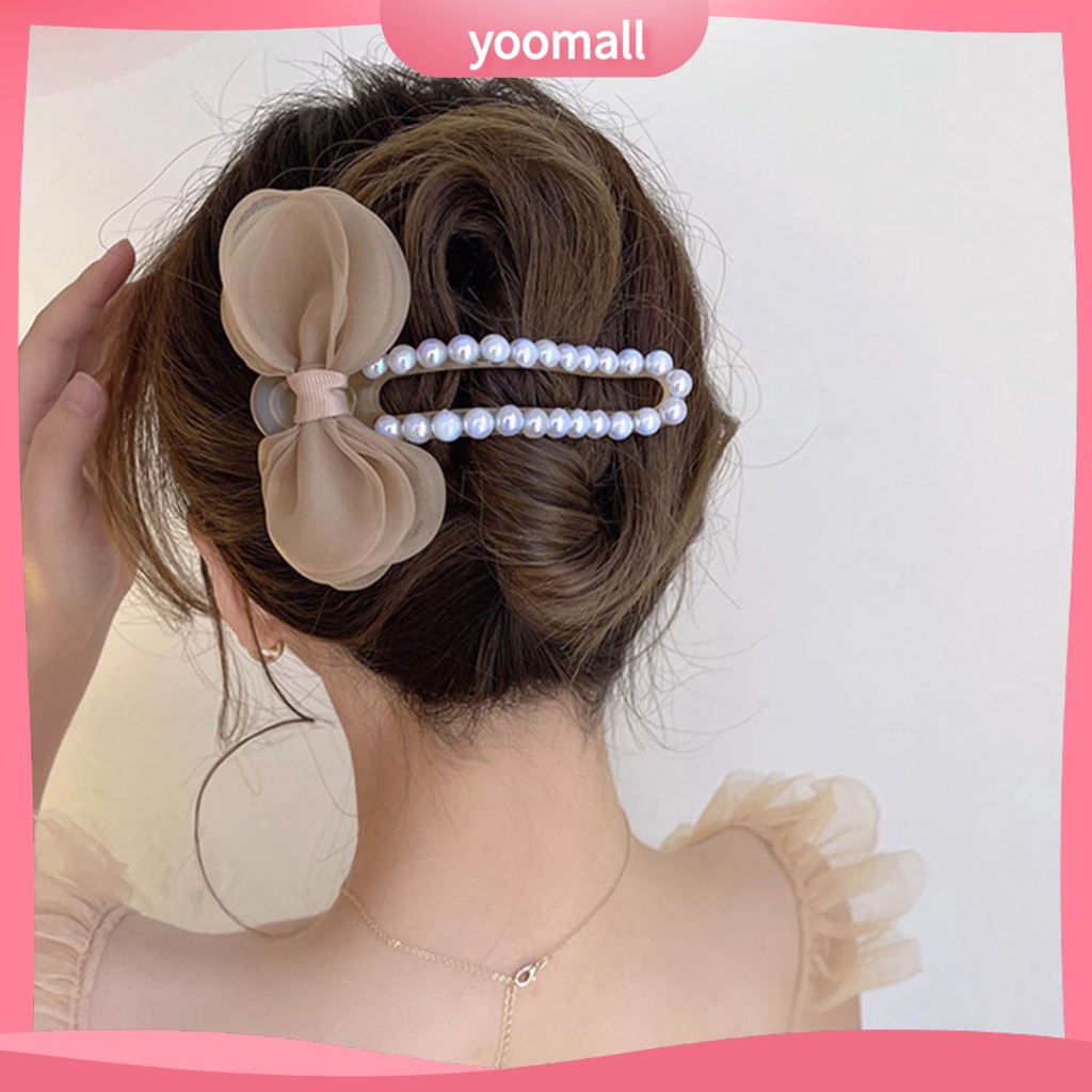 Kẹp Tóc Càng Cua Đính Ngọc Trai Giả Thắt Nơ Bằng Lưới Acrylic Chắc Chắn Cho Nữ