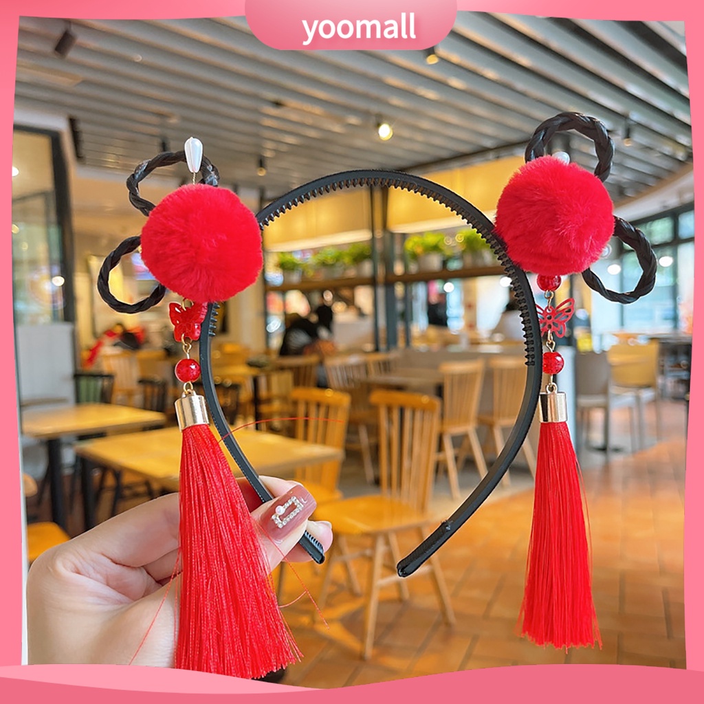 Băng Đô Nơ Đính Ngọc Trai Co Giãn Phối Bóng Lông Tua Rua Phong Cách Trung Hoa Mừng Năm Mới Cho Bé Gái