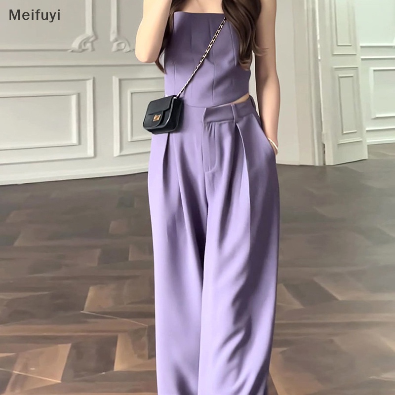 [Meifuyi] New Korean Version Of Purple Suspension Vest + Elastic Waist Loose Wide-Leg Trousers Two-Piece Set For Women COD