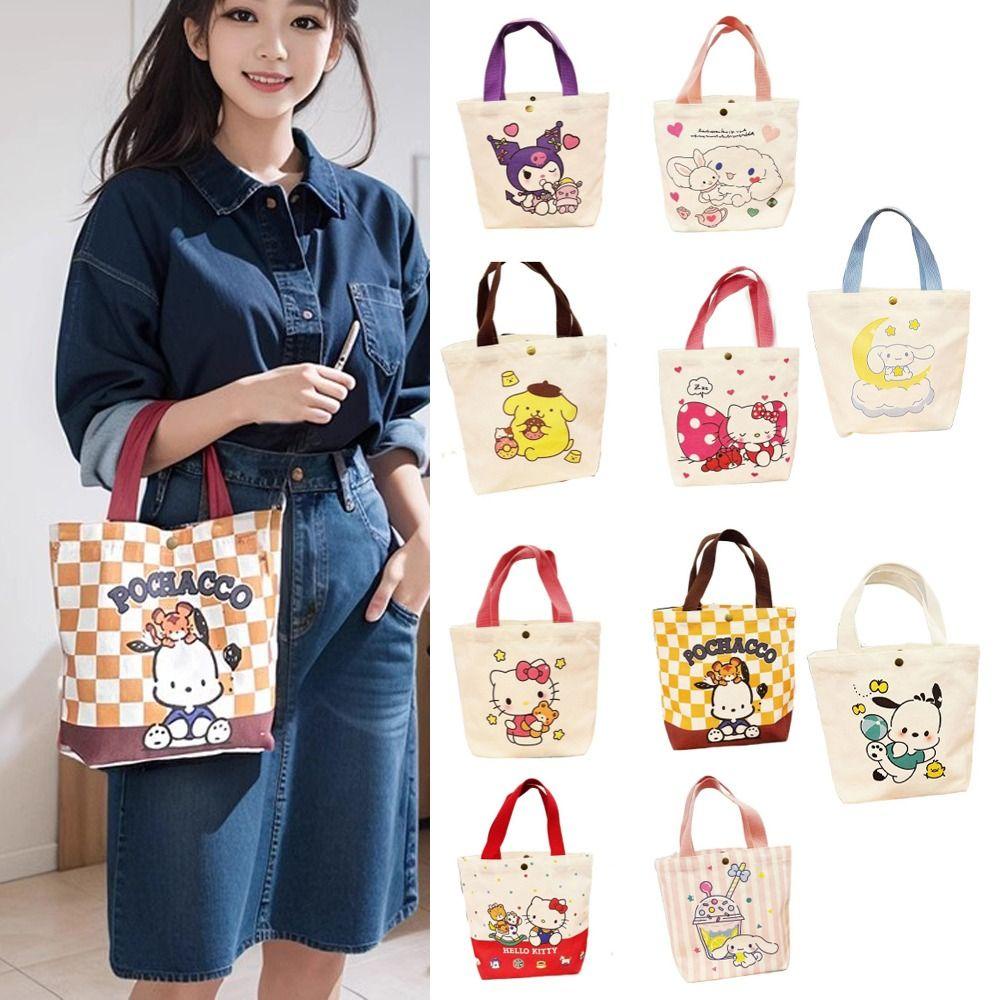 Shanhai Túi tote canvas Sức Chứa Lớn In Họa Tiết Hoạt Hình Mèo kuromi kitty pachacco Cho Nữ Sinh
