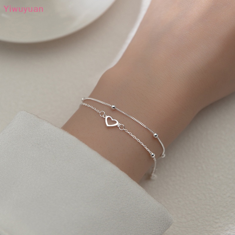Vòng Tay Hai Lớp Họa Tiết Trái Tim Màu Bạc Thanh Lịch Cho Nữ