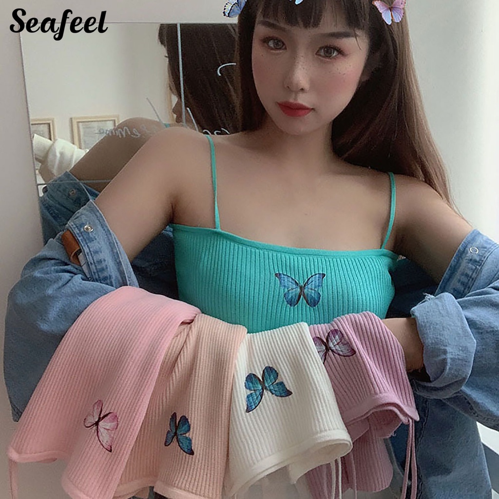 Áo Tank Top Hai Dây Hở Lưng Ôm Dáng Co Giãn In Họa Tiết Bướm Cho Nữ