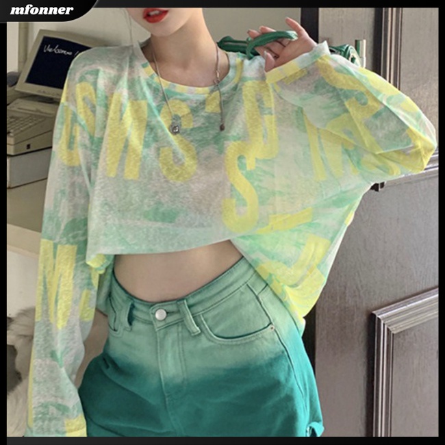 Áo Thun Tay Dài Cổ Tròn Dáng Rộng Vải Lụa Mát Thời Trang Mùa Hè Cho Nữ