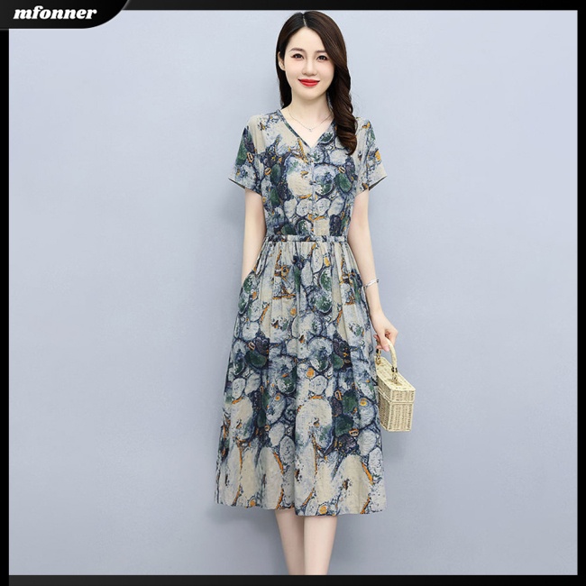 Đầm Midi Ngắn Tay Dáng Chữ A Lưng Cao In Hoa Phối Túi Thời Trang Mùa Hè Cho Nữ