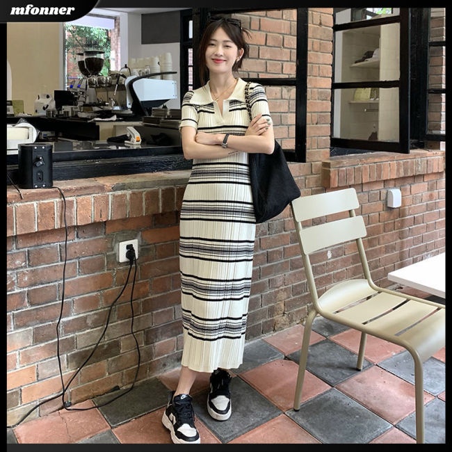 Đầm Dệt Kim Tay Ngắn Dáng Dài Họa Tiết Kẻ Sọc Thời Trang Mùa Hè Xinh Xắn Cho Nữ