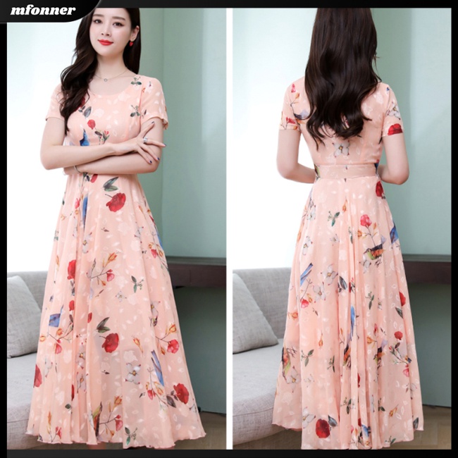 Đầm Dài Chữ A Tay Ngắn Eo Cao Bằng Lụa Lạnh Thời Trang Mùa Hè Dành Cho Bạn Nữ