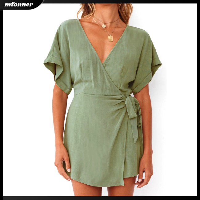 Áo liền quần Ngắn Tay Cổ Chữ V Màu Sắc Thanh Lịch Cho Nữ