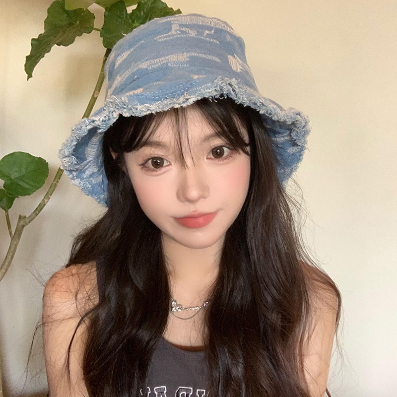 Mũ Bucket Denim Viền Lớn Màu Trơn Phong Cách Nhật Bản Dễ Phối Đồ Cho Nữ