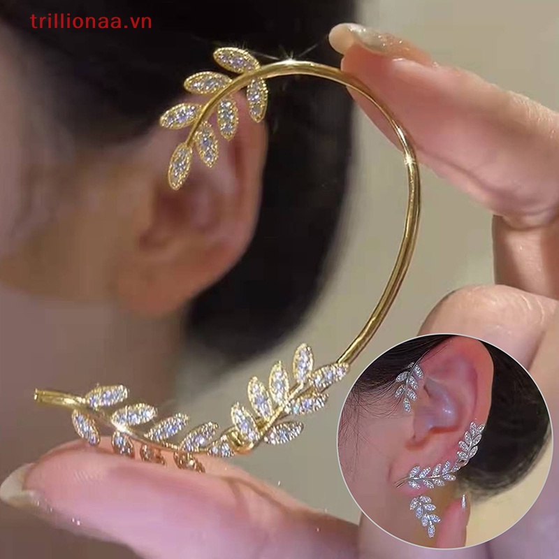Bông Tai Kẹp Hình Chiếc Lá Đính Pha Lê Lấp Lánh Thời Trang Cho Nữ