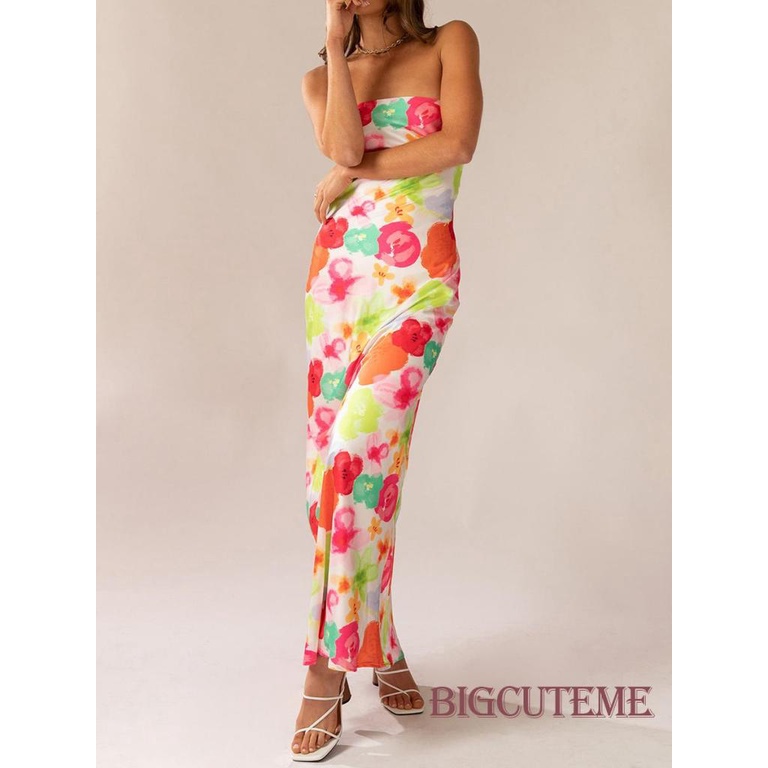 Đầm Dài Không Tay Cổ Thuyền In Hoa Hở Lưng Cột Dây Thời Trang Mùa Hè Cho Nữ