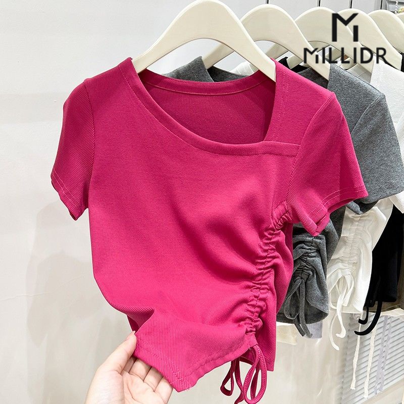 Áo thun ngắn tay dây rút phong cách Hàn Quốc trẻ trung dành cho nữ