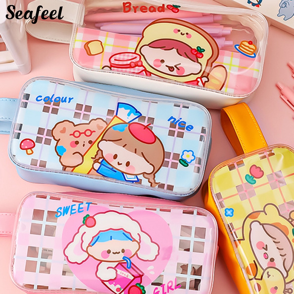 Túi Đựng Bút Trong Suốt Chống Thấm Nước Sức Chứa Lớn Có Khóa Kéo In Họa Tiết Hoạt Hình