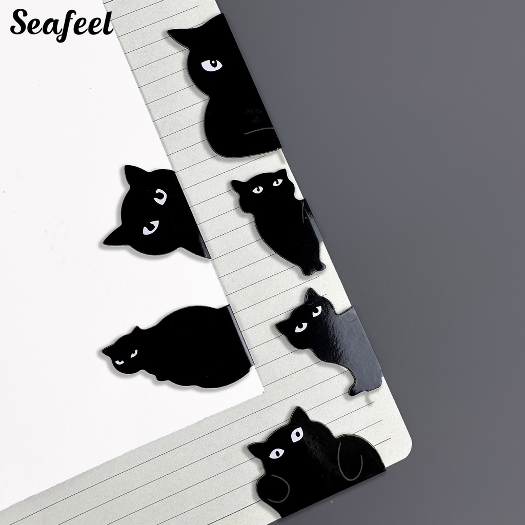 Bộ 6 Thẻ Đánh Dấu Trang Sách Hình Mèo Đen Đáng Yêu Có Thể Tái Sử Dụng