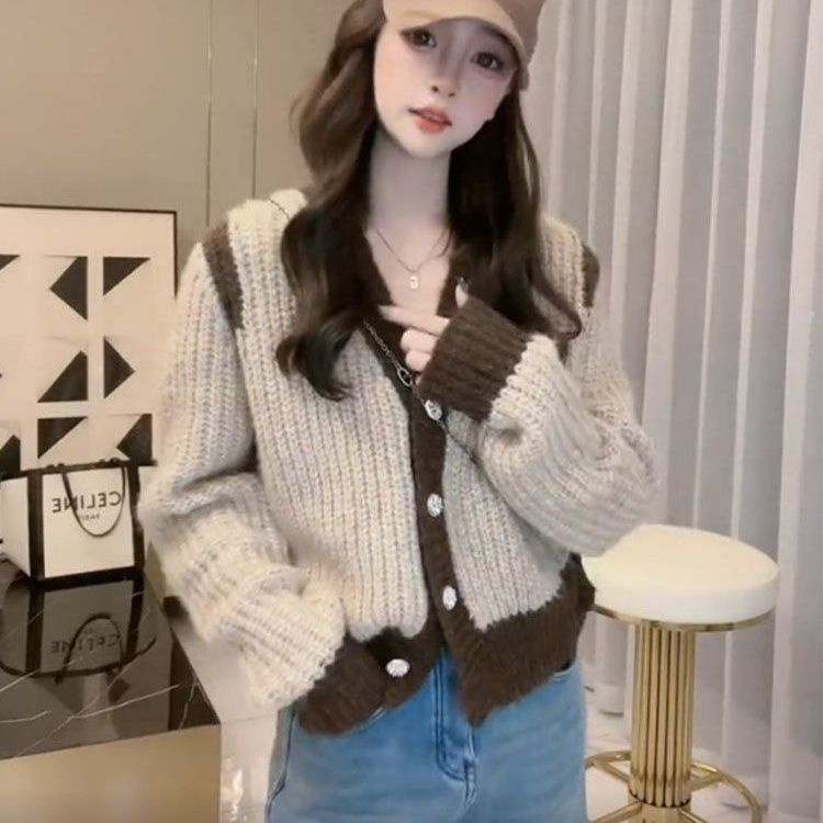 Áo Khoác Cardigan Dệt Kim Dáng Rộng Phối Màu Tương Phản Trẻ Trung Phong Cách Hàn Quốc