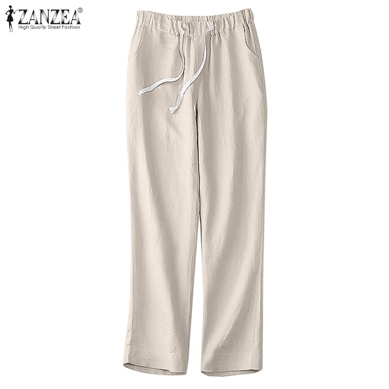 Quần ZANZEA cotton lanh màu trơn rút dây eo thời trang cho nữ