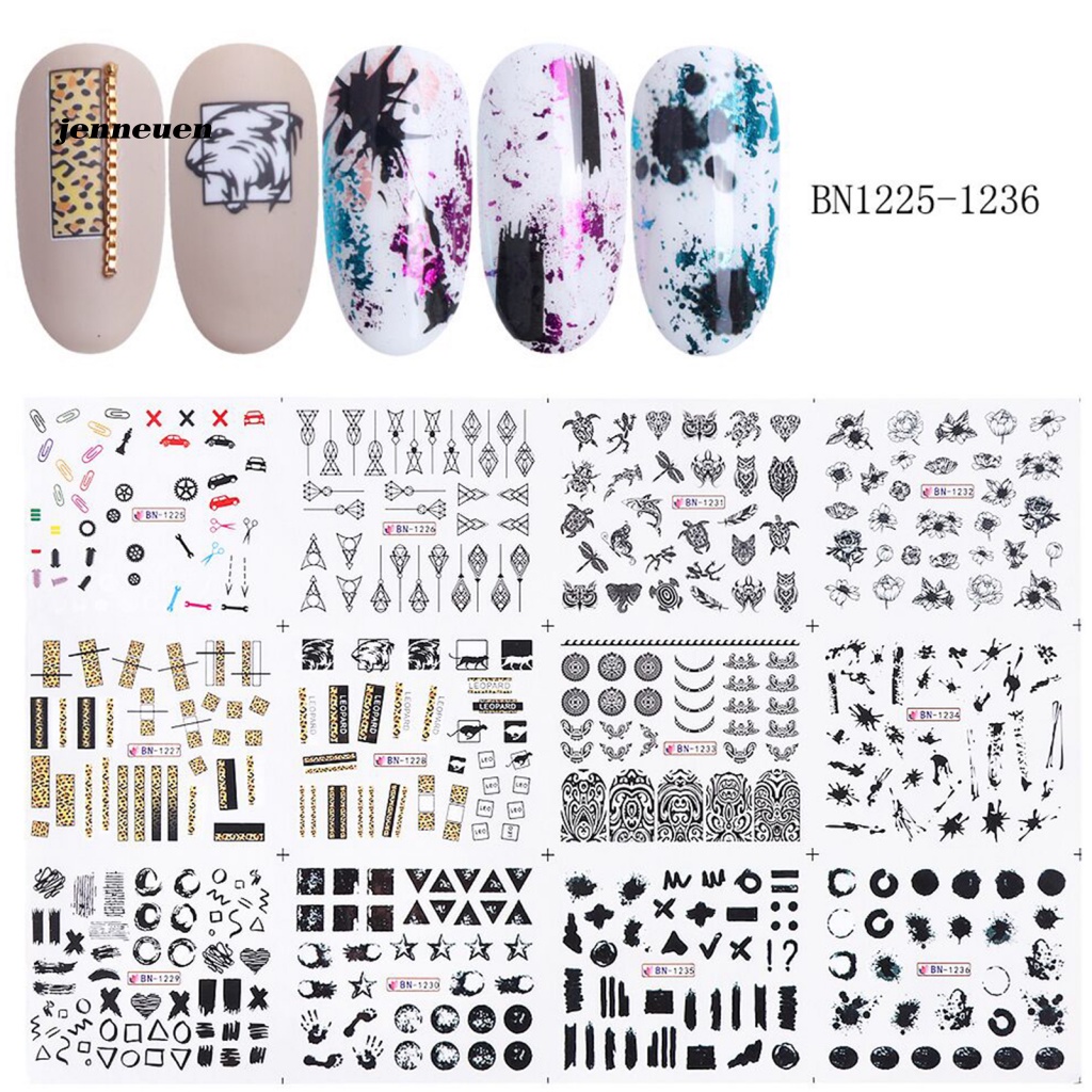 1 Bộ Miếng Dán Móng Tay Dạng Trượt Nước Hình Hoa Lá Màu Đen