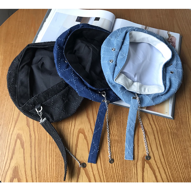 Mũ Beret Phối Dây Xích Phong Cách Cao Bồi Nhật Bản Thời Trang Xuân Hè Cho Nữ